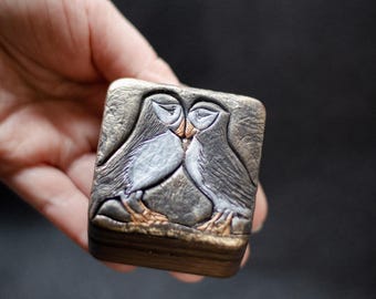 Puffin Ring Box, Handmade Wooden Ring Box for Engagement Proposal, Wedding Ring Holder with Puffin Birds Custom