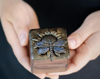 Unique Wooden Ring Box with Sunflower & Dragonfly or Bee  – Perfect Wedding Proposal Gift for Your Special Day
