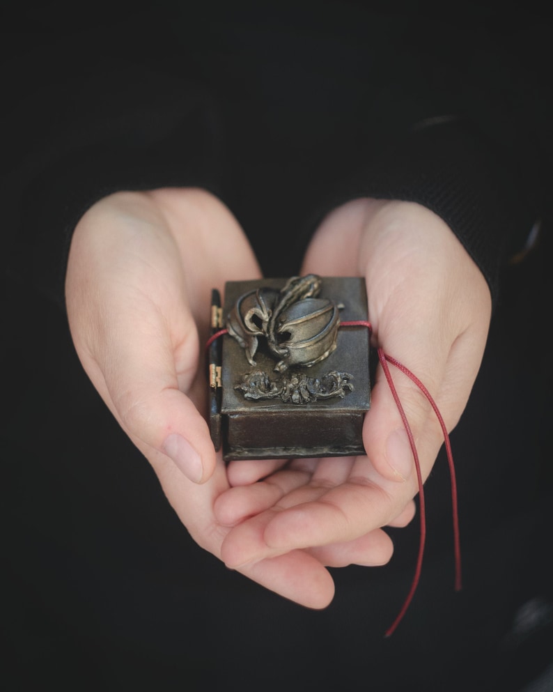 Op de afbeelding: Een klein, versierd, bruin leren doosje met een goudkleurig metalen ontwerp en een rood lint. Het doosje is gesloten en heeft een decoratief metalen ontwerp aan de bovenkant.