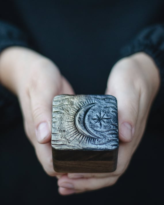 Wooden ring box with a sun moon and star for wedding with personalization necklace box wood unique ring box vintage small holder engraved