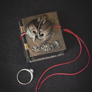 Op de afbeelding: Een klein, zwart doosje met een drakenbeeld op de deksel. Het doosje is vastgebonden met een rood koord en een zilveren ring met een heldere steen ligt ernaast.