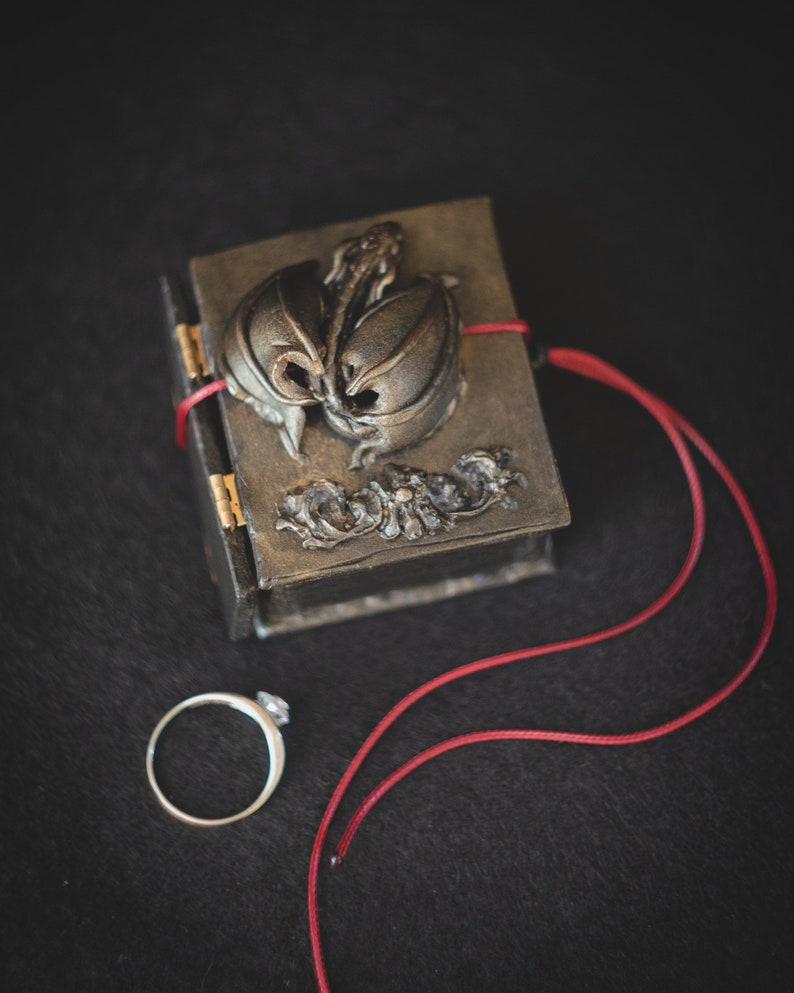 Op de afbeelding: Een klein, zwart doosje met een drakenbeeld op de deksel. Het doosje is vastgebonden met een rood koord en een zilveren ring met een heldere steen ligt ernaast.