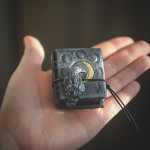 May include: A small black leather-bound journal with a silver raven and a gold crescent moon design. The journal has a black cord attached to it.