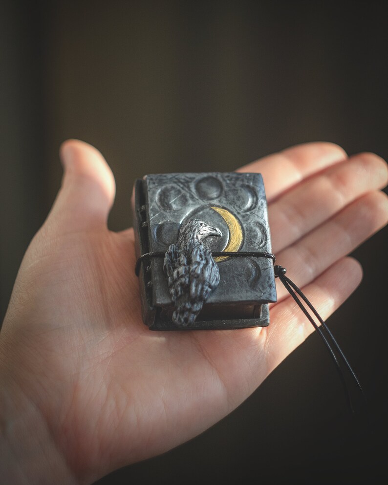May include: A small black leather-bound journal with a silver raven and a gold crescent moon design. The journal has a black cord attached to it.