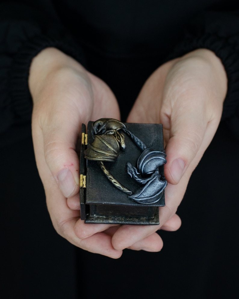 K&ouml;nnte beinhalten: Eine kleine, schwarze Holzkiste mit einem Scharnierdeckel. Die Kiste ist mit zwei Drachen verziert, einem goldenen und einem silbernen, die mit einem Seil ineinander verschlungen sind.