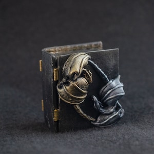 K&ouml;nnte beinhalten: Eine kleine schwarze Box mit einem Scharnierdeckel, verziert mit einem goldenen und silbernen Reliefdesign aus zwei ineinander verschlungenen Kreaturen. Die Box hat ein rustikales, antikes Aussehen.