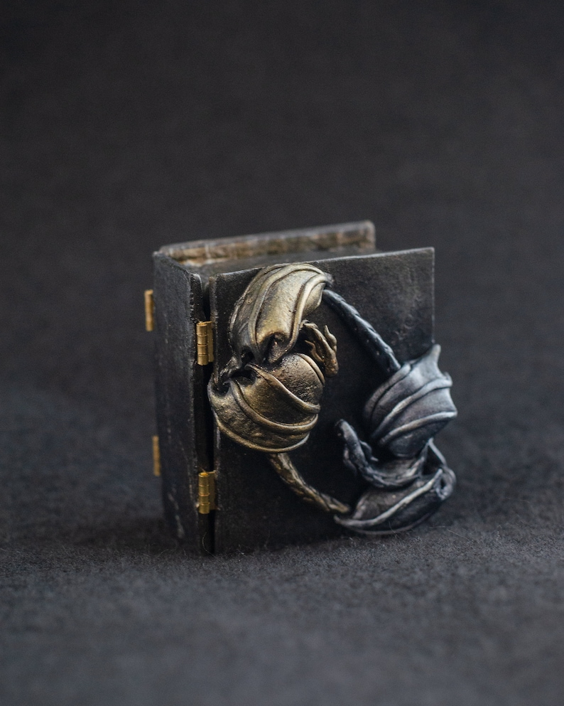 K&ouml;nnte beinhalten: Eine kleine schwarze Box mit einem Scharnierdeckel, verziert mit einem goldenen und silbernen Reliefdesign aus zwei ineinander verschlungenen Kreaturen. Die Box hat ein rustikales, antikes Aussehen.