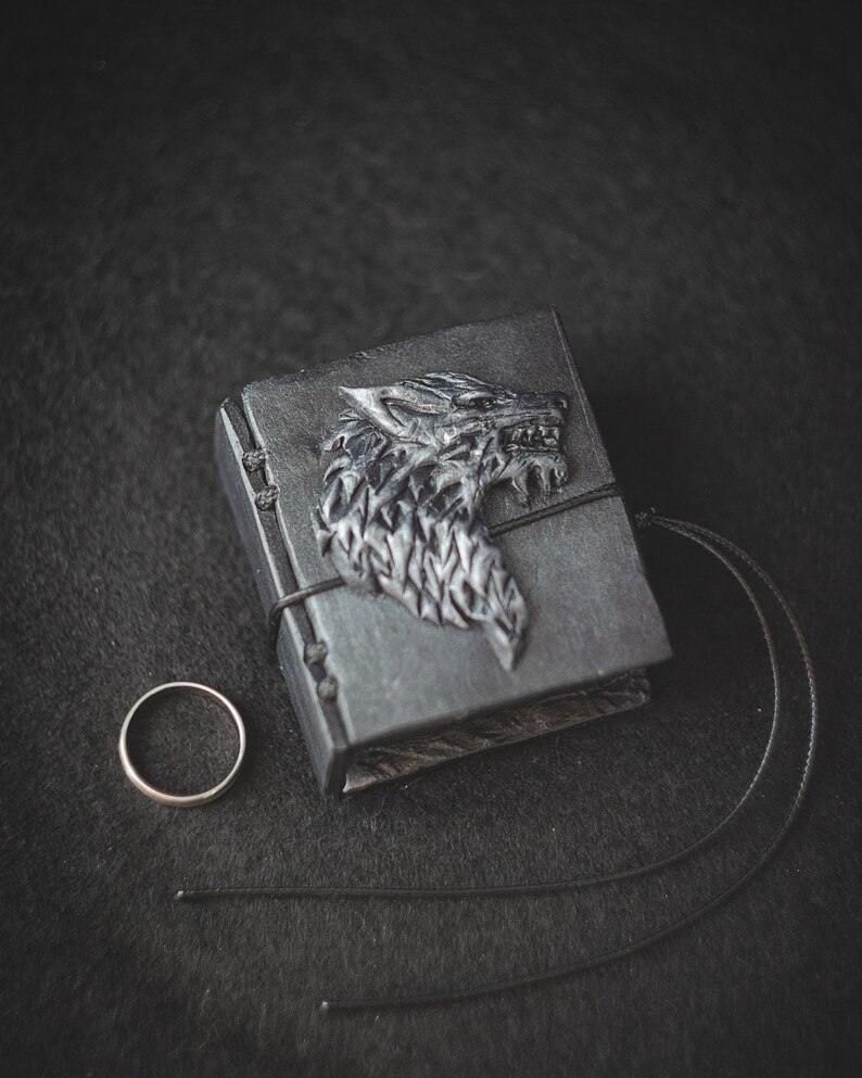 May include: A black leather-bound journal with a silver wolf head design on the cover. A silver ring is next to the journal.