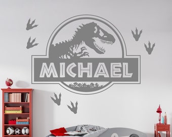 Personalised Jurassic Park with 12 Footprints Dinosaur Inspired Kids Name Wall Vinyl/Decal