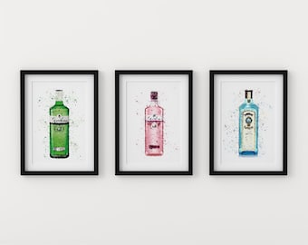 Set of 3 Gin Collection Bottles Watercolour Splash A3, A4, 5x7 and 4x6 Wall Art Prints