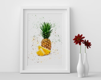 Pineapple Fruit Watercolour Splash A3, A4, 10x8, 8x6, 5x7 and 4x6 Wall Art Prints