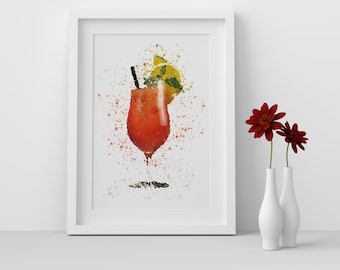 Sunrise on the Beach Summer Cocktail Glass Watercolour Splash A3, A4, 10x8, 8x6, 5x7 and 4x6 Wall Art Prints