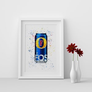 May include: A watercolor painting of a blue and yellow can of beer with the letters "FOS" and a large "F" on the front. The can is surrounded by white and colored paint splatters.