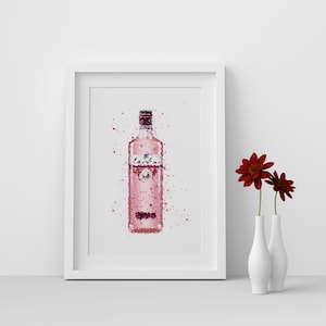 Gordons Premium Pink Gin Bottle Watercolour Splash A3, A4, 10x8, 8x6, 5x7 and 4x6 Wall Art Prints
