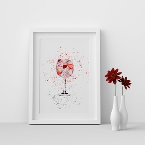 Pink Gin and Strawberries Cocktail Glass Watercolour Splash A3, A4, 10x8, 8x6, 5x7 and 4x6 Wall Art Prints