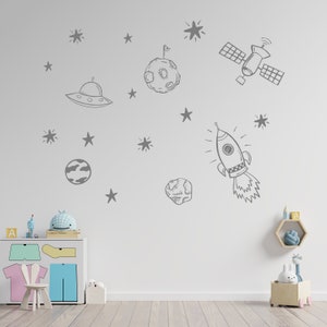 Space Themed Planets and Rockets Wall Vinyl Sticker | Kids Room Decoration | Childrens Decor