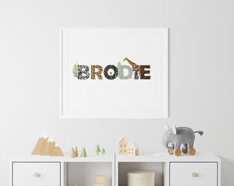 Impresión personalizada del nombre de Safari A3, A4, 10x8, 8x6, 5x7, 4x6 Vivero Boho Jungle Animal Style Inspirado Wall Art Print