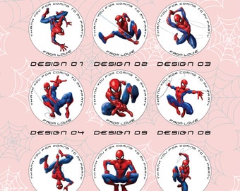 Adesivi rotondi opachi personalizzati per feste ispirati al supereroe Spiderman