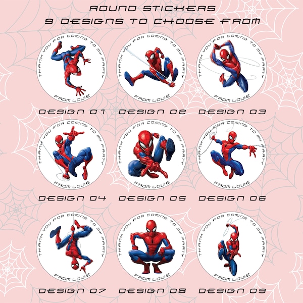 Personalised Spiderman Superhero Inspired Round Matt Party Stickers