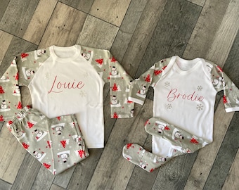 Personalised Christmas Family Adults Childrens Babies Matching Snowman Print Pyjamas/Bodysuits/Rompers