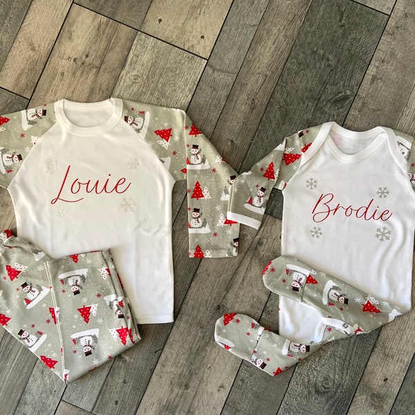 Personalised Christmas Family Adults Childrens Babies Matching Snowman Print Pyjamas/Bodysuits/Rompers
