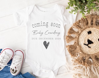 Personalised Baby Unisex Vest, Bib, Sleepsuit, Bodysuit, Pregnancy announcement coming soon, Surname and Due Date, pregnancy gift reveal