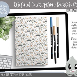 May include: Digital planner stickers featuring a rainbow, cloud, and sun pattern. The stickers are designed to look like brush pens and are labeled "Brush Pen AGD". The text "Over 300 stickers included" and "Closed Decorative Brush Pens" is also visible in the image.