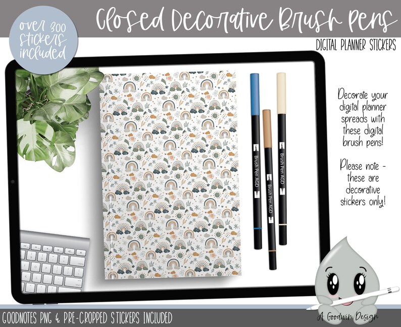 May include: Digital planner stickers featuring a rainbow, cloud, and sun pattern. The stickers are designed to look like brush pens and are labeled "Brush Pen AGD". The text "Over 300 stickers included" and "Closed Decorative Brush Pens" is also visible in the image.
