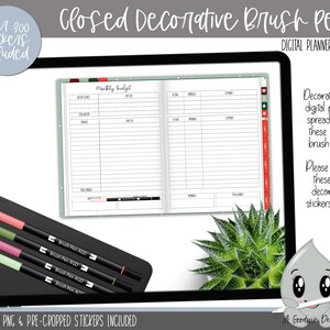May include: A digital planner screen displaying a monthly budget page with a set of four black brush pens with colored tips. The brush pens are labeled "Brush Pen AGD". The image also includes a green succulent plant and a cartoon gray raindrop with a smiling face.