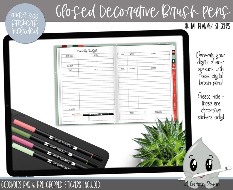 May include: A digital planner screen displaying a monthly budget page with a set of four black brush pens with colored tips. The brush pens are labeled "Brush Pen AGD". The image also includes a green succulent plant and a cartoon gray raindrop with a smiling face.
