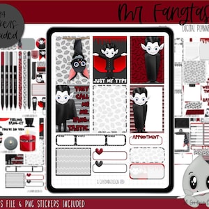 May include: A digital planner sticker set with a vampire theme. The set includes 94 stickers with various designs, including a vampire with a bat, a vampire with a heart, and a vampire with the text "Just My Type". The set also includes a calendar, a weekly planner, and a daily planner.