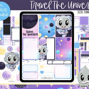May include: Digital planner stickers with a space theme. The stickers include illustrations of planets, stars, and an astronaut bear. The text "Travel the Universe" is displayed. The stickers are designed for use with GoodNotes and include PNG files.