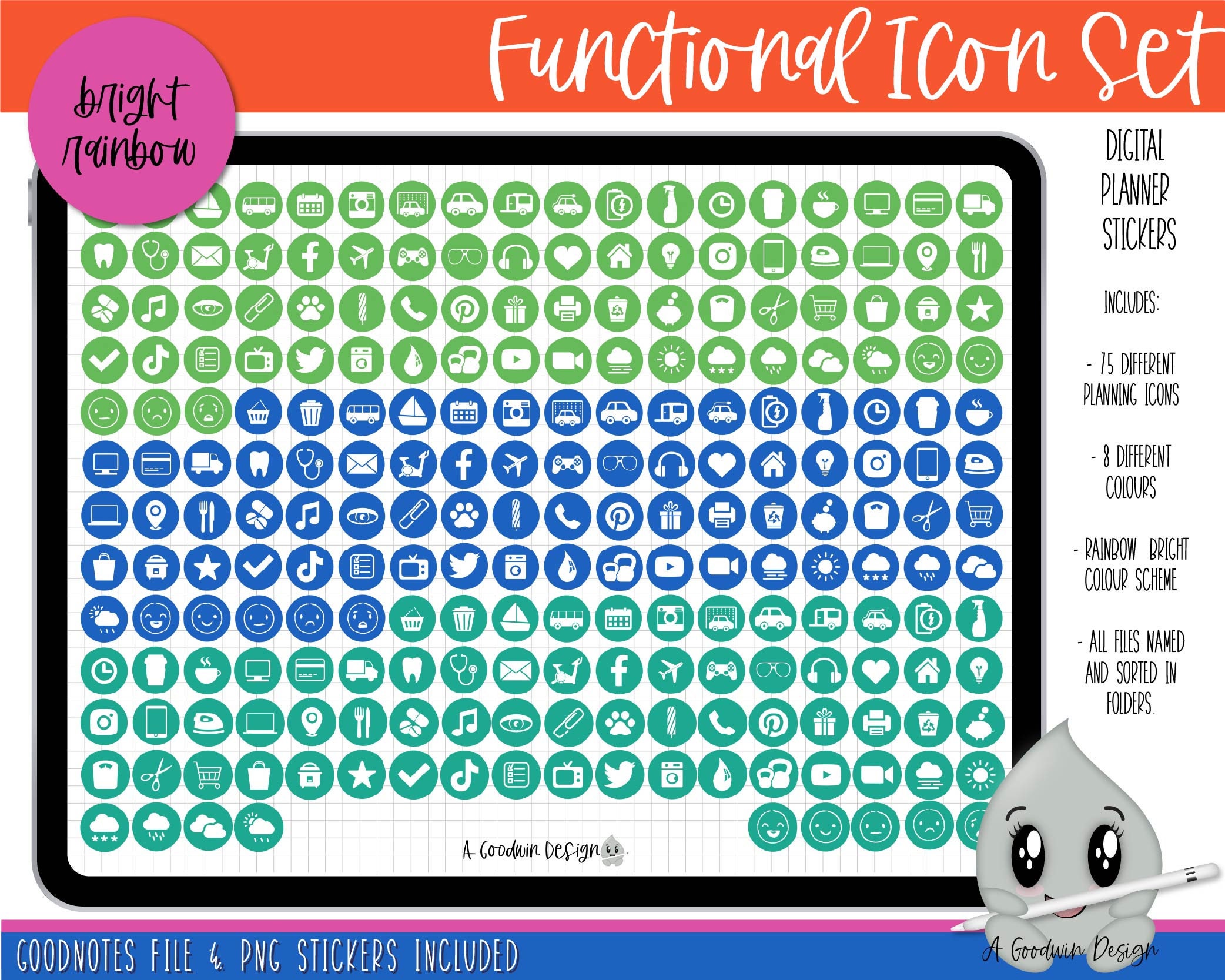 Functional Icons - Bright Rainbow Planner Stickers | Functional Sticker ...