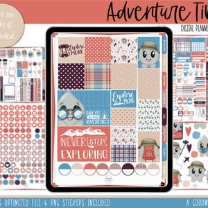 Puede incluir: Pegatinas digitales para planificador con temática "Adventure Time". Las pegatinas incluyen varios diseños como equipo de campamento, personajes lindos y citas inspiradoras. La paleta de colores incluye tonos de rojo, azul y marrón. El conjunto incluye más de 700 pegatinas.