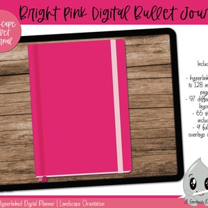 May include: A bright pink digital bullet journal on a tablet screen. The journal includes a hyperlinked index, 128 individual pages, 97 different page layouts, 65 stickers, and 4 full page overlays.