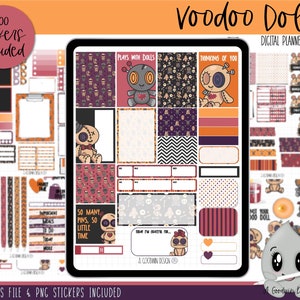 May include: A digital planner sticker set featuring voodoo dolls with various expressions and poses. The set includes 100 stickers in a variety of colors and designs, including black, red, orange, and white. The stickers are perfect for adding a spooky touch to your planner.