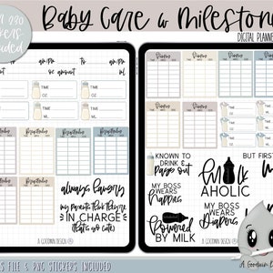 May include: Digital planner stickers for baby care and milestones. The stickers feature a light blue, gray, and beige color scheme. The stickers include a milk bottle, a baby, and text such as "Milk Aholic" and "My Boss Wears Diapers".