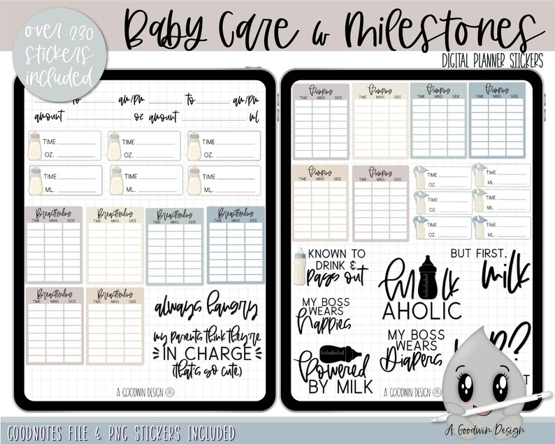 May include: Digital planner stickers for baby care and milestones. The stickers feature a light blue, gray, and beige color scheme. The stickers include a milk bottle, a baby, and text such as "Milk Aholic" and "My Boss Wears Diapers".