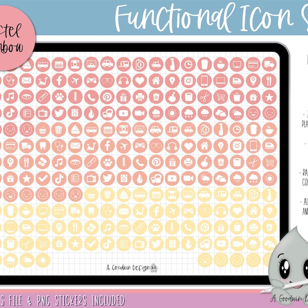 Functional Icons - Pastel Rainbow Planner Stickers | Functional Sticker Set | Goodnotes Stickers | Digital Planner Stickers | PNG Stickers