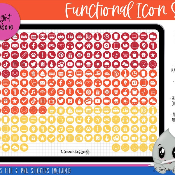 Functional Icons - Bright Rainbow Planner Stickers | Functional Sticker Set | Goodnotes Stickers | Digital Planner Stickers | PNG Stickers