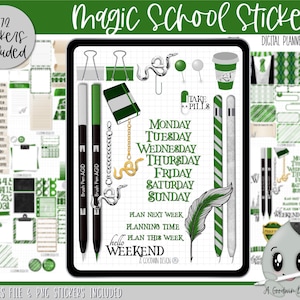 May include: Digital planner stickers with a magical school theme. The stickers feature a green and white color scheme with illustrations of snakes, pens, and a coffee cup. The text "Take Pills" and "Hello Weekend" are also included.