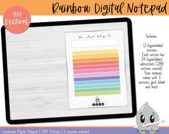 May include: A digital notepad with a rainbow color scheme. The notepad has 288 sections, each with 24 hyperlinked subsections. The notepad comes in three versions: grid, blank, and lined. The text "This notepad belongs to" is at the top of the notepad.