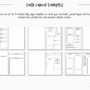 May include: Nine different daily planner layouts for bullet journaling. The layouts include sections for to-do lists, schedules, notes, and habit trackers.