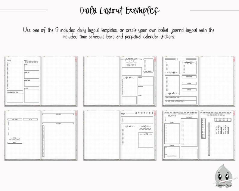 May include: Nine different daily planner layouts for bullet journaling. The layouts include sections for to-do lists, schedules, notes, and habit trackers.