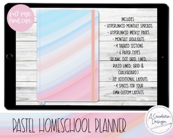May include: A digital planner for homeschooling with a pastel pink and blue marble design. It includes hyperlinked monthly and weekly pages, monthly highlights, 4 tabbed sections, 6 paper types, 30 additional layouts, and 4 spaces for custom layouts.