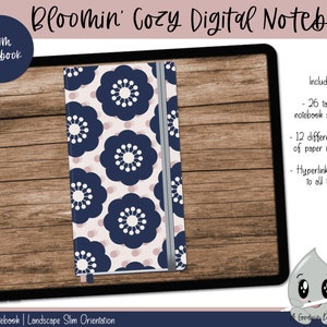 May include: A digital notebook with a floral pattern cover in shades of pink and blue. The notebook is open on a tablet screen and includes 26 tabbed sections, 12 different paper types, and a hyperlinked index.