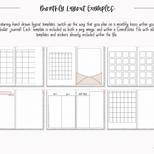 May include: Six different monthly planner layouts for bullet journaling. The layouts include a grid, a calendar, and a daily planner. Each layout is designed to help you plan your month in a creative and organized way.