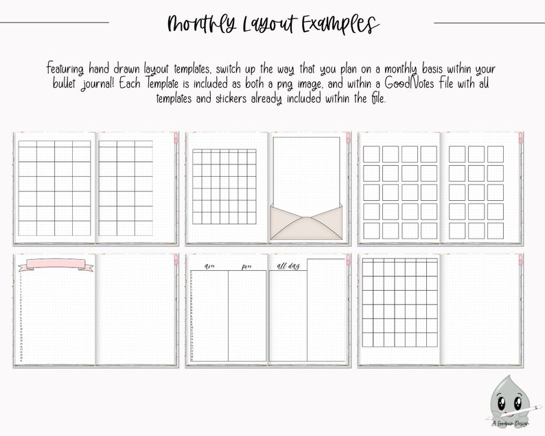 May include: Six different monthly planner layouts for bullet journaling. The layouts include a grid, a calendar, and a daily planner. Each layout is designed to help you plan your month in a creative and organized way.