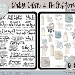May include: Digital planner stickers for baby care and milestones. The stickers are in a light blue and cream color scheme and feature illustrations of baby bottles, pacifiers, diapers, and a baby in a bassinet. The text "Baby Care & Milestones" is at the top of the image, and the text "Digital Planner Stickers" is at the bottom of the image.