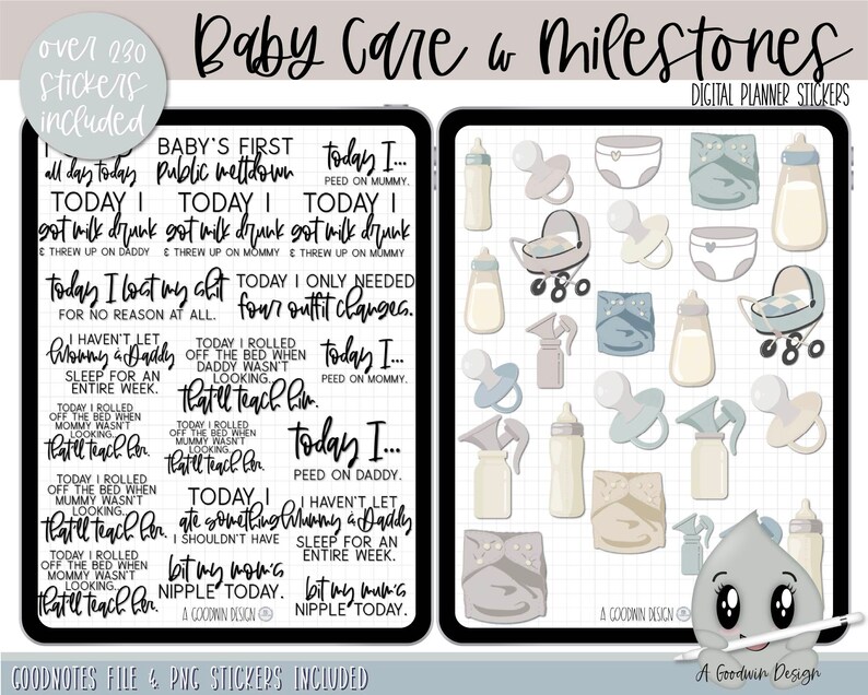 May include: Digital planner stickers for baby care and milestones. The stickers are in a light blue and cream color scheme and feature illustrations of baby bottles, pacifiers, diapers, and a baby in a bassinet. The text "Baby Care & Milestones" is at the top of the image, and the text "Digital Planner Stickers" is at the bottom of the image.